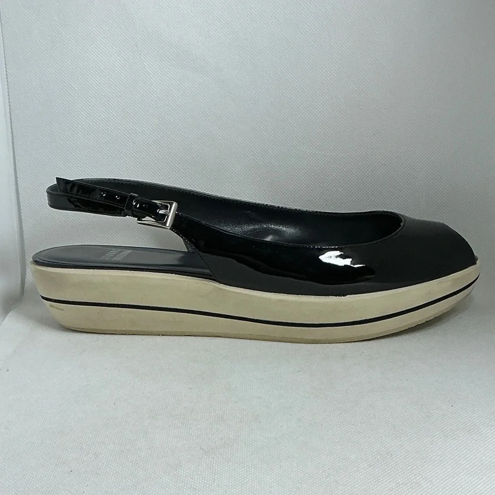 Stuart Weitzman Black Patent Platform Wedge Slingback Sandals Size 9 - Picture 6 of 15